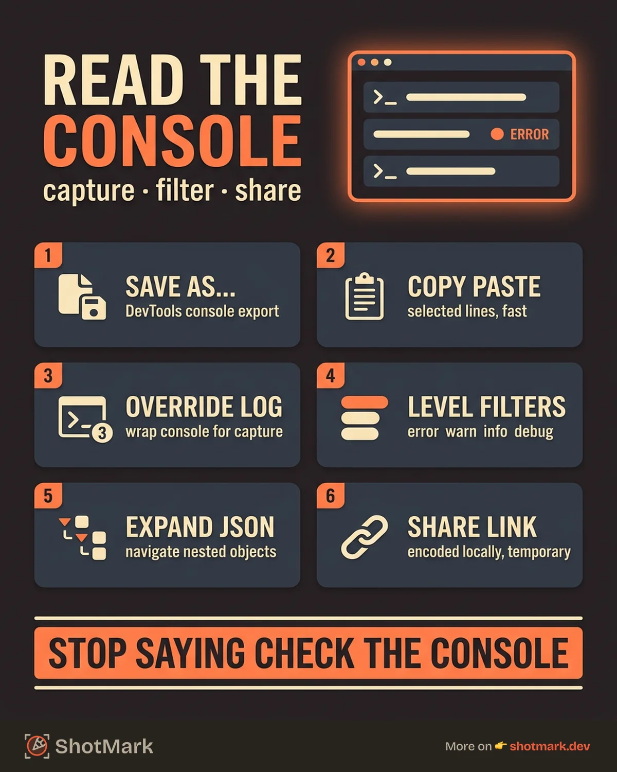 Free Console Log Viewer: Format, Filter, Share Console Output infographic